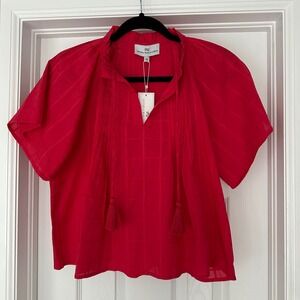 Never a Wallflower Red Pink Shirt Sleeve Blouse Split‎ Neck Ruffle Size XS NWT